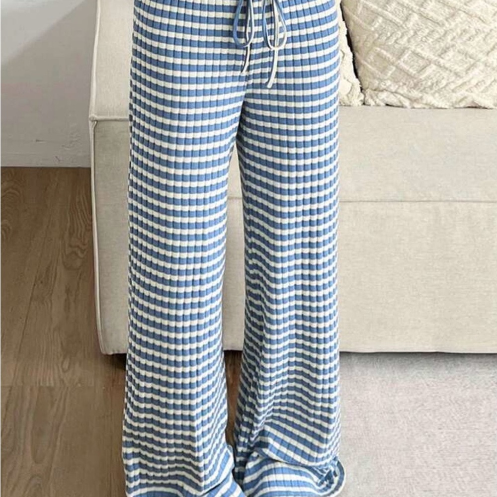 SHEIN Blue and White Plaid Wide Leg Pants